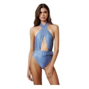 PQ Alex Belted Indie Sky Blue Crisscross Halter Backless One Piece Swimsuit Sz M